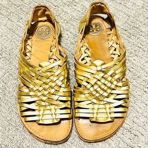 Tory Burch Gold Woven Leather Anya Huarache Sandal